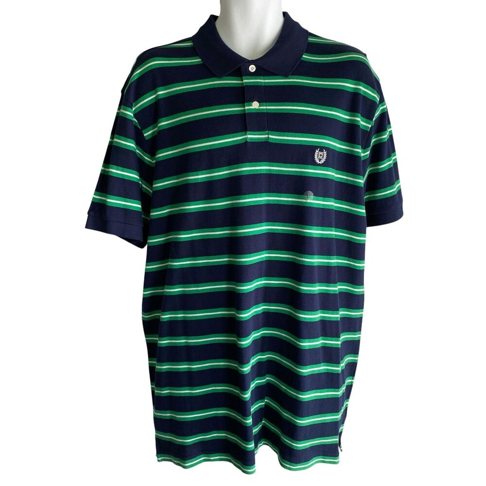 Chaps Polo Shirt Mens XL Navy Blue Green Stripe Short Sleeve Classic Fit Cotton